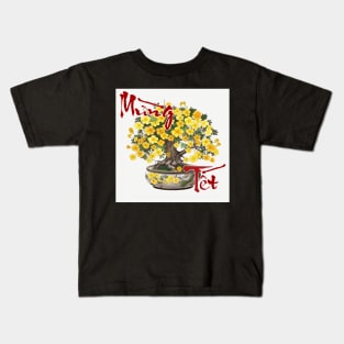 Mung Tet, Lunar New Year, Calligraphy + AI Art, Hoa Mai Kids T-Shirt